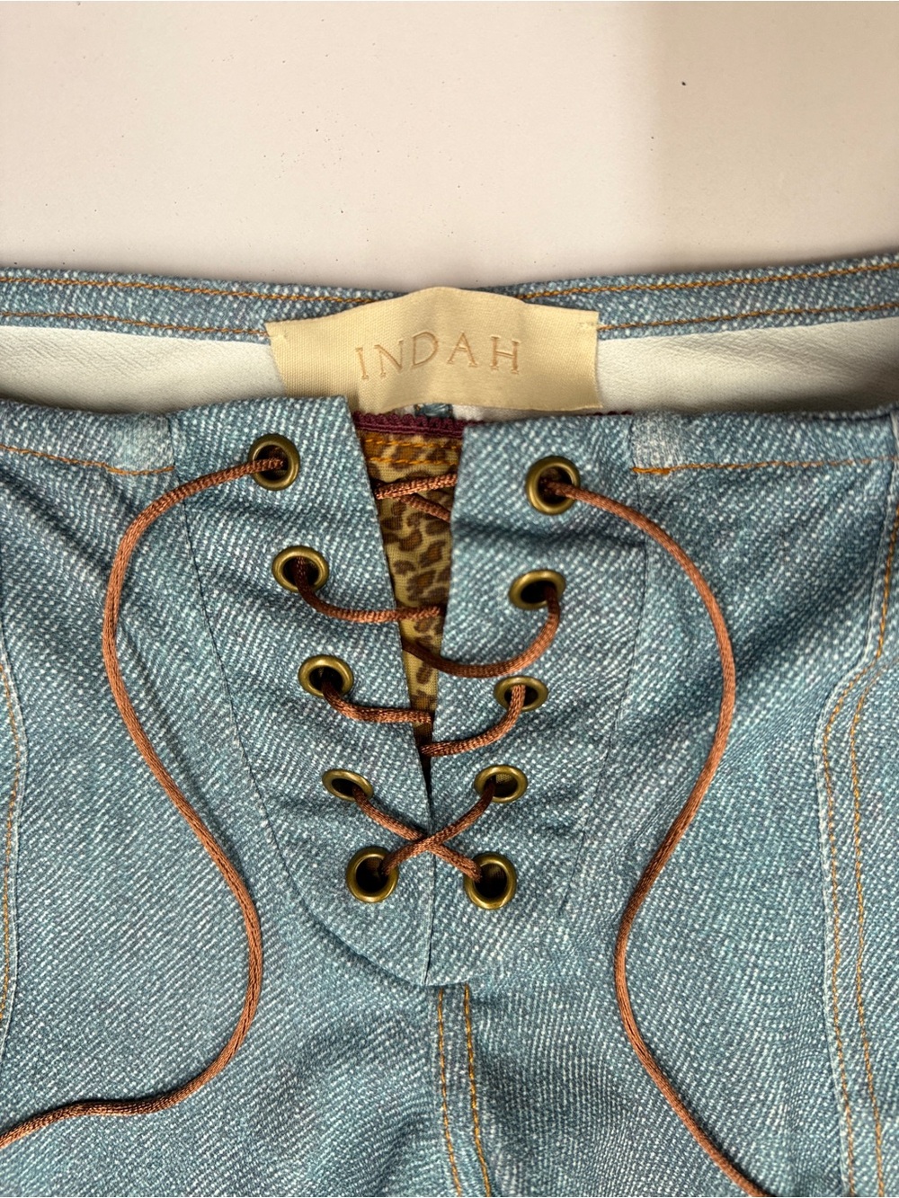 Indah Teal Lace-Up Waist Jeans with Brown Cord - Picture 2 of 6